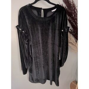 LOVERICHE Black Velvet Dress Pearl Accents long puff sleeve above knee CUTE!